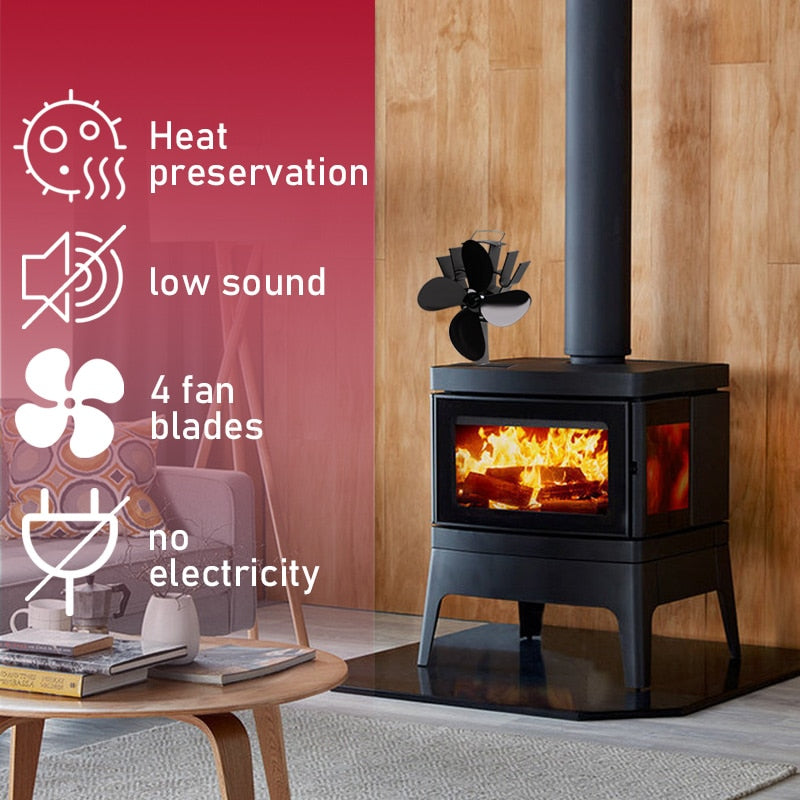 Chimenea negra de 4 aspas con ventilador de estufa de calor, quemador de madera de troncos komin, ventilador silencioso ecológico, distribución de calor eficiente para el hogar