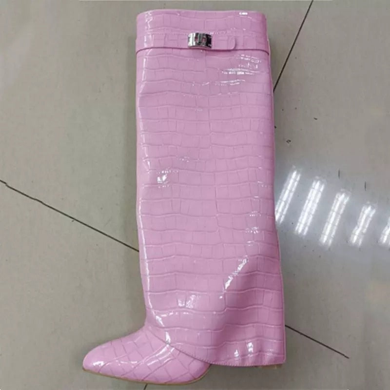 Ins Hot Spring Winter Great Quality Crocodile Print Upper Shoes Booty Knee High Pointy Toe Over-lay Side Zip Women Boots 43