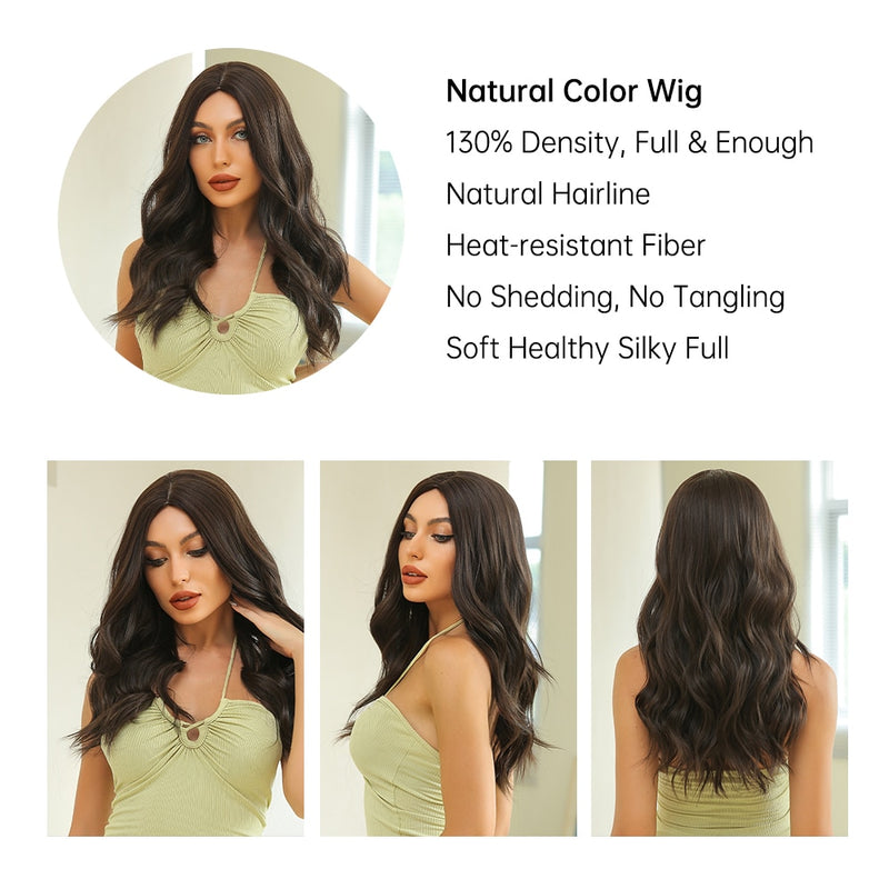 EASIHAIR largo ondulado marrón oscuro negro pelucas sintéticas parte media Natural pelucas de pelo para mujeres diario Cosplay fiesta resistente al calor