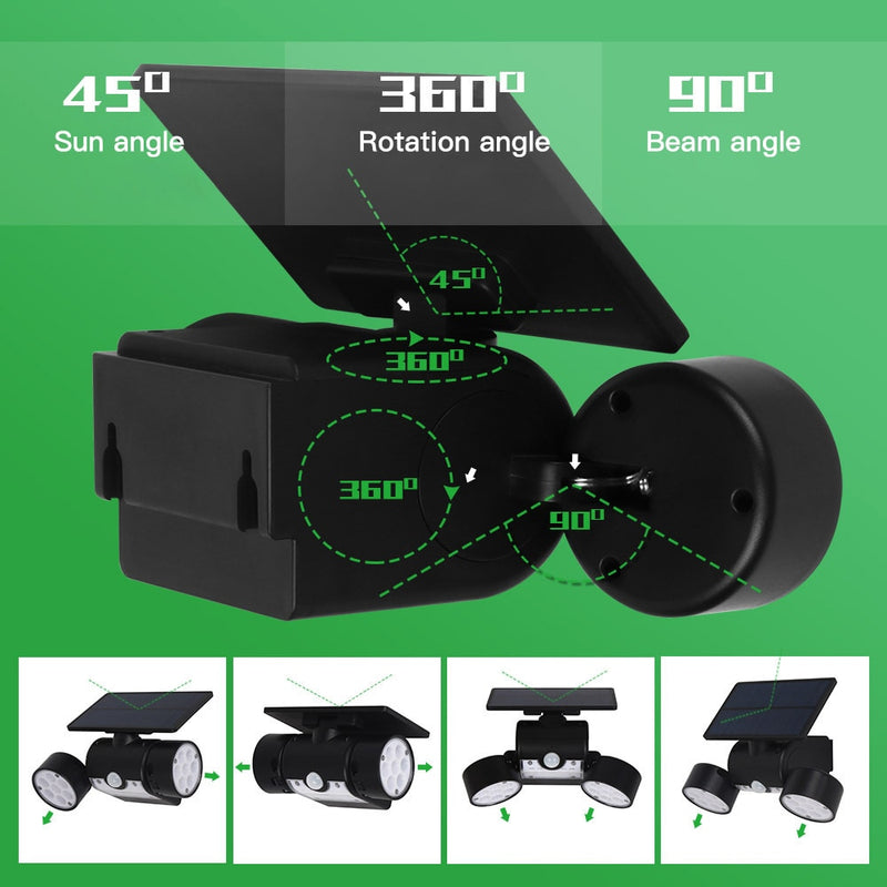 WAKYME 30 LED Solarlicht Wasserdichter PIR-Bewegungssensor Wandleuchte Solarbetriebener verstellbarer Winkel Dual Head Gartenstrahler