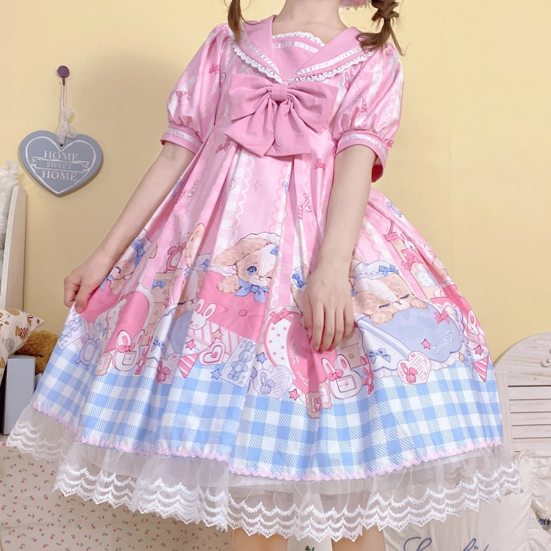 Dulce lindo Kawaii niñas Lolita vestido princesa mucama Vintage volantes vestidos Puff manga rojo negro rosa mujeres vestido cuello redondo