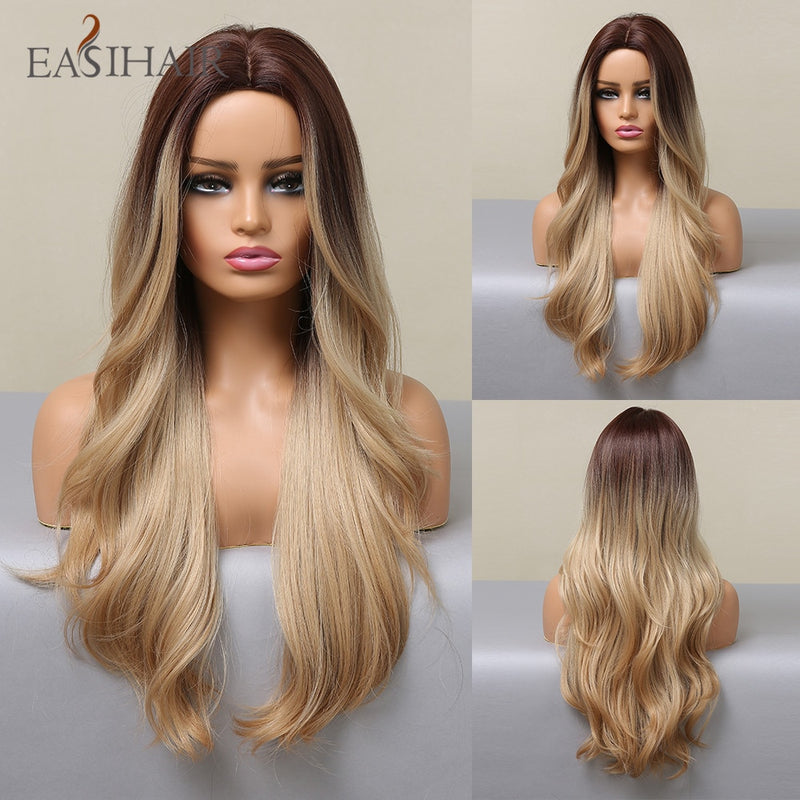 EASIHAIR largo rubio claro Ombre pelucas de estilo ondulado Natural pelucas sintéticas resistentes al calor pelucas de Cosplay de pelo de parte media para mujeres