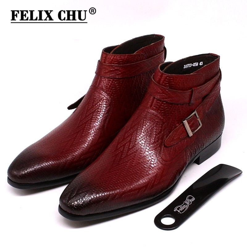 Botines hechos a mano para hombre Felix Chu, botas de moto de cuero genuino para hombre, zapatos de vestir altos con correa de hebilla roja negra para hombre