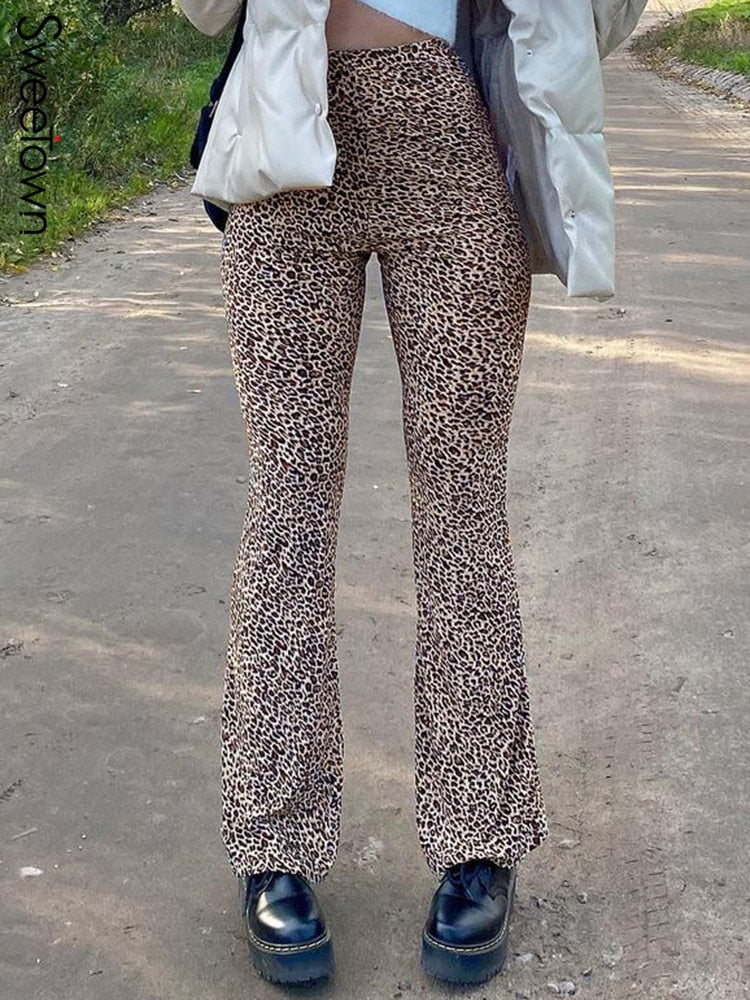 Sweetown Brown Y2K Leopard Joggers Frauen Hohe Taille Schlaghose Doppelschicht Mesh Mädchen Ästhetische Hose Weibliche Jogginghose