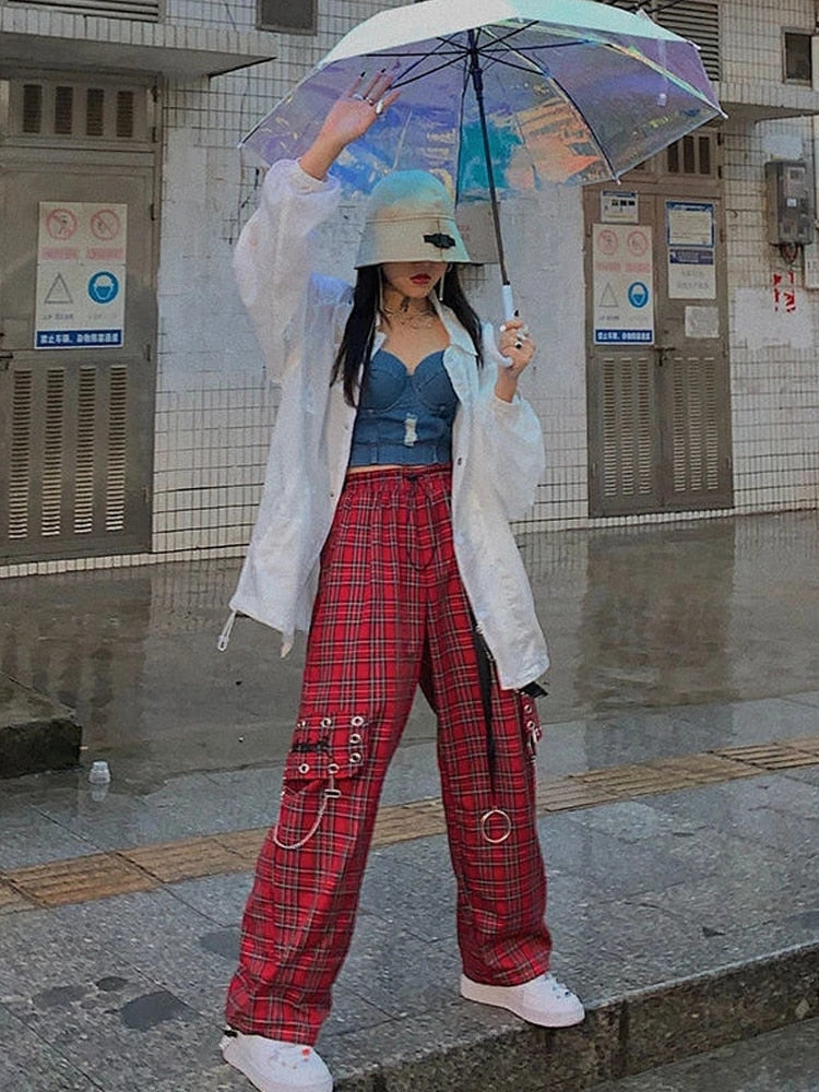 QWEEK Checked Trousers Women Japanese Streetwear Punk Cargo Pants Women Hippie Chain Harajuku Indie Y2K Aesthetic Hip Hop