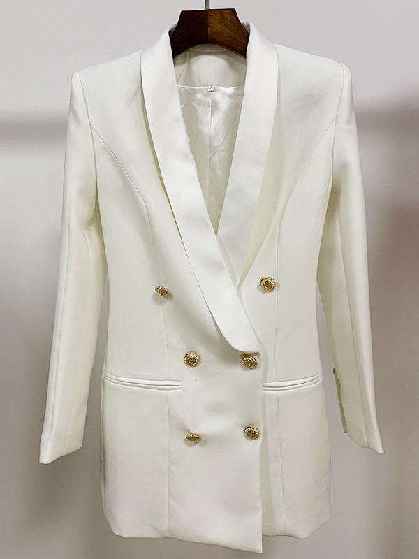 Vestido de diseñador barroco de alta calidad 2022, vestido de cuello de satén de manga larga para mujer, botones de León con doble botonadura, vestido de cuello con muescas