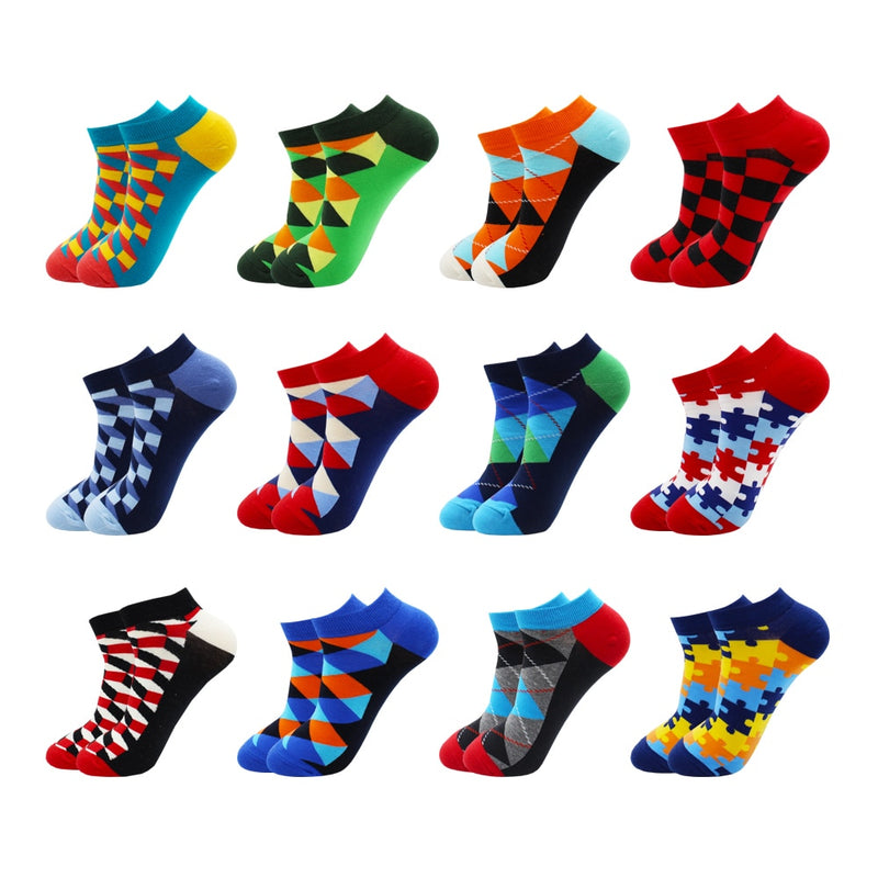 6-12 Pairs Novelty Funny Casual Ankle Socks Fashion Colorful Harajuku Fruit Animal Grid Cotton Men Socks Slippers