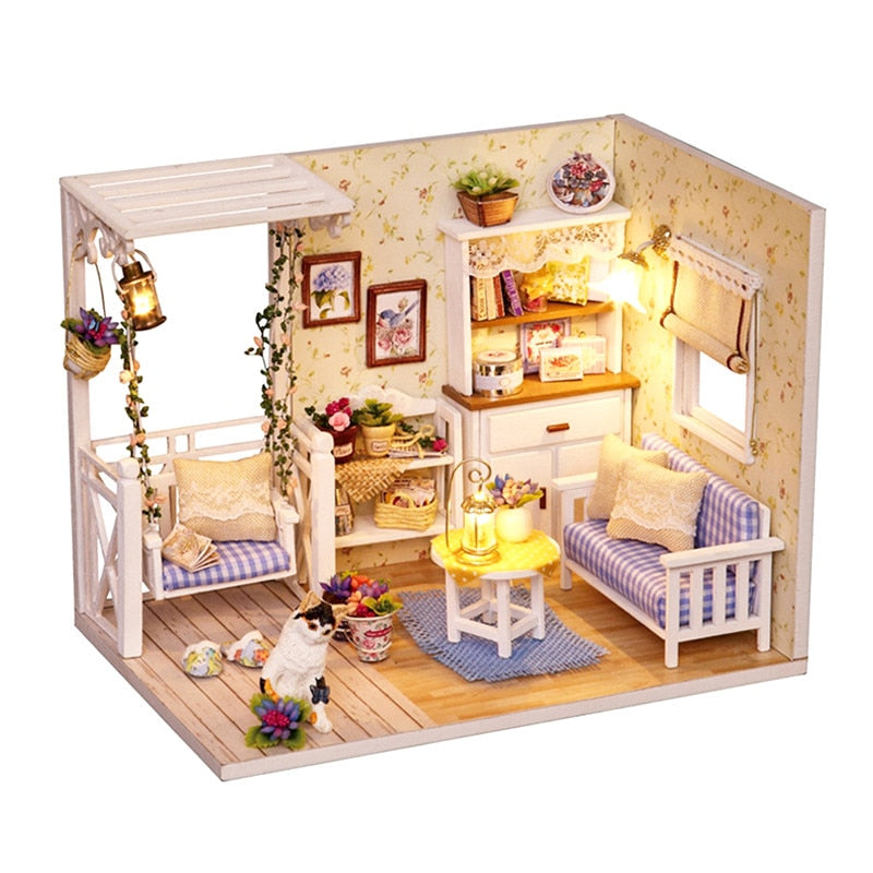 Puppenhausmöbel Diy Miniatur 3D Holzminiaturen Puppenhaus Spielzeug für Kinder Geburtstagsgeschenke Casa Kitten Diary H013