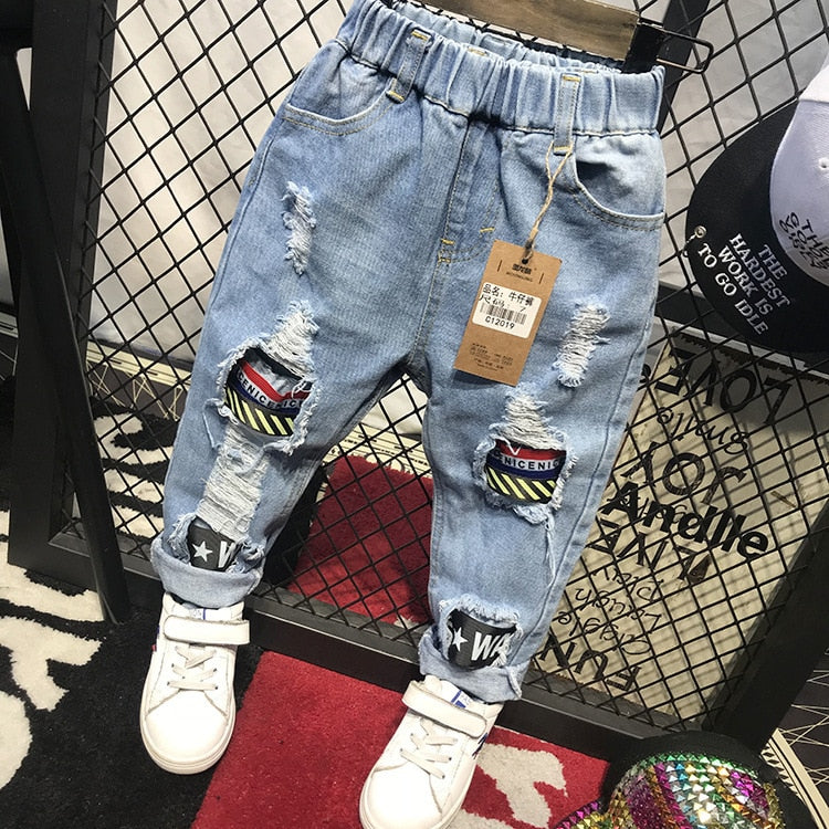 Neue Mädchen Jeans Frühling Herbst Kinder Hosen 1-7 Jahre Baby Jungen Mädchen Jeans Jungen Casual Loch Hosen Cartoon Katze Jeans Kinder Hosen