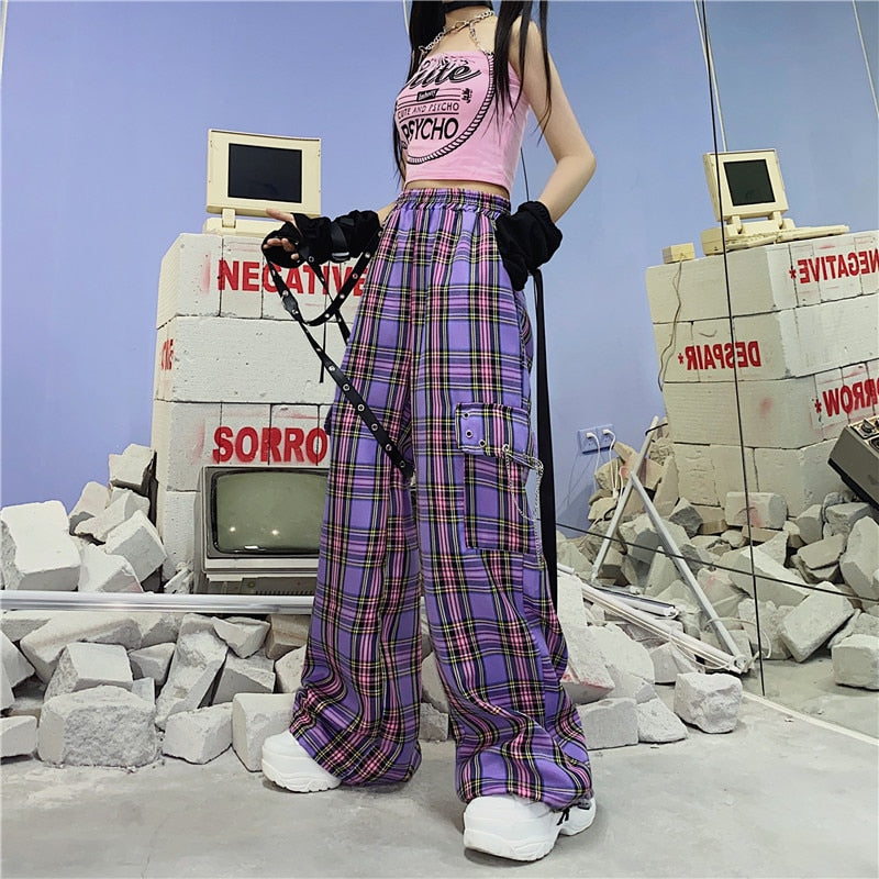 QWEEK Punk Harajuku Checkered Pants Women Goth Hippie Plaid Trousers Hip Hop Wide Cargo Pants Indie y2k Aesthetic 2000s Korean