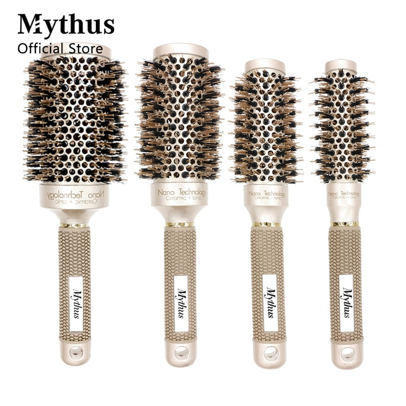 Mythus profesional Nano tecnología cerámica iónica pelo redondo cepillo de cerdas de jabalí antiestático resistente al calor cepillos para rizar el cabello