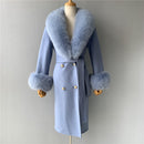2020 Wool Coat Women Pied De Poule Natural Fox Fur Collar Cashmere Wool Blends Long Outerwear Ladies Streetwear