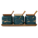 Luxus nordischen Stil Marmormuster Keramik Küche Gewürzbehälter Set Holzabdeckung Salzstreuer Gewürzglas Küchenzubehör