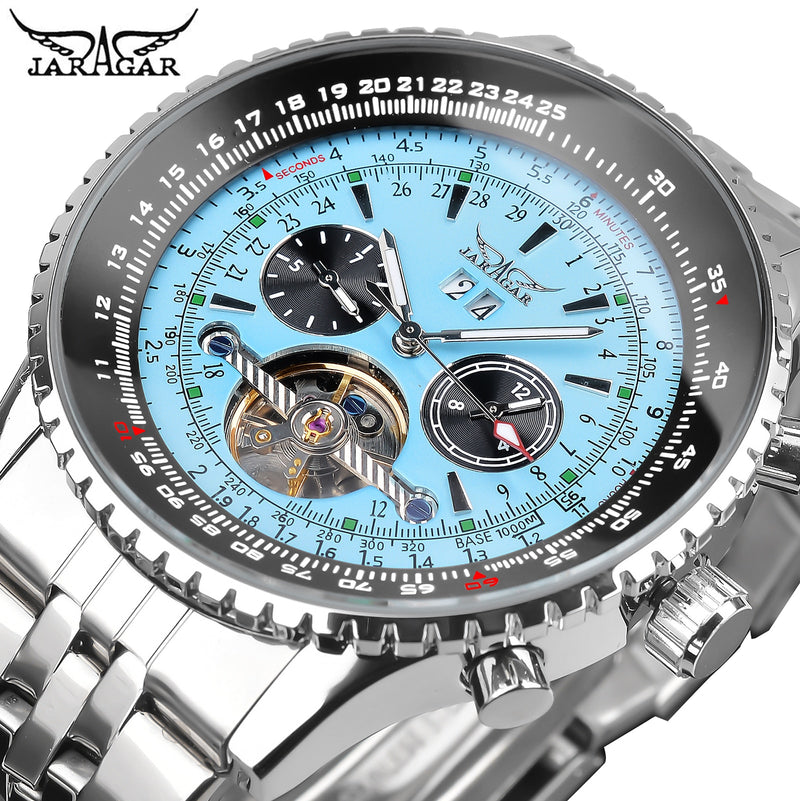 Jaragar 2017 Flying Series Golden Bezel Scale Dial Design Reloj de acero inoxidable para hombre Marca de lujo Reloj mecánico automático