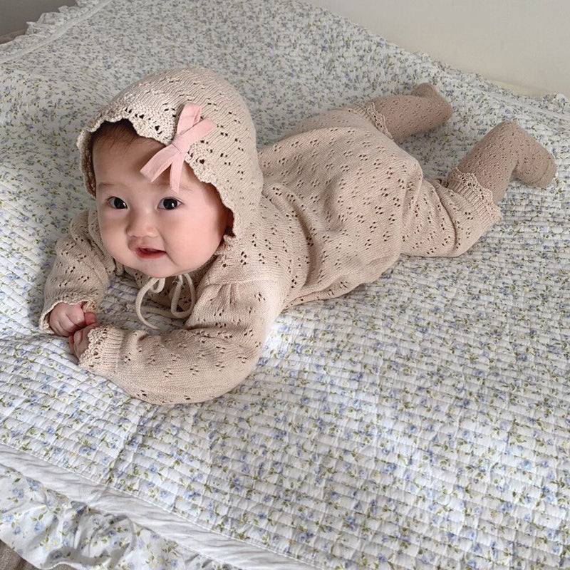 HoneyCherry Autumn New Baby Romper Knitted Jumpsuit Baby Girl Lace Long-Sleeved Romper Hooded Crawling Clothes