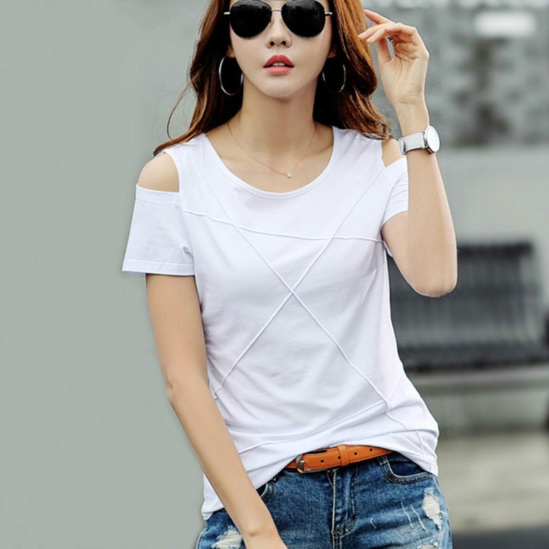 2022 Summer Fashion Women Off Shoulder Tshirt Short Sleeve Shirt Women Tops Solid Color Hole Shirt Casual Blusas New 3022