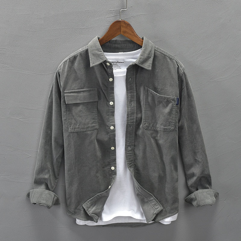 Autumn Winter Men Corduroy Pure Cotton Shirt Long Sleeve Vintage Pockets Warm Thin Gray Casual Top Workwear Gml04-C312