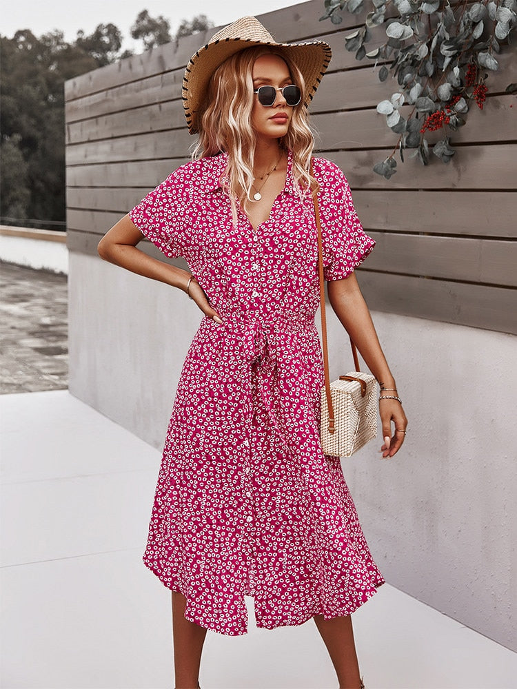 Spring Summer Ladies Bandage Dress Women Casual Medium Long Sleeve Button Floral Print Holiday Style Chic Dress Female 2022 New