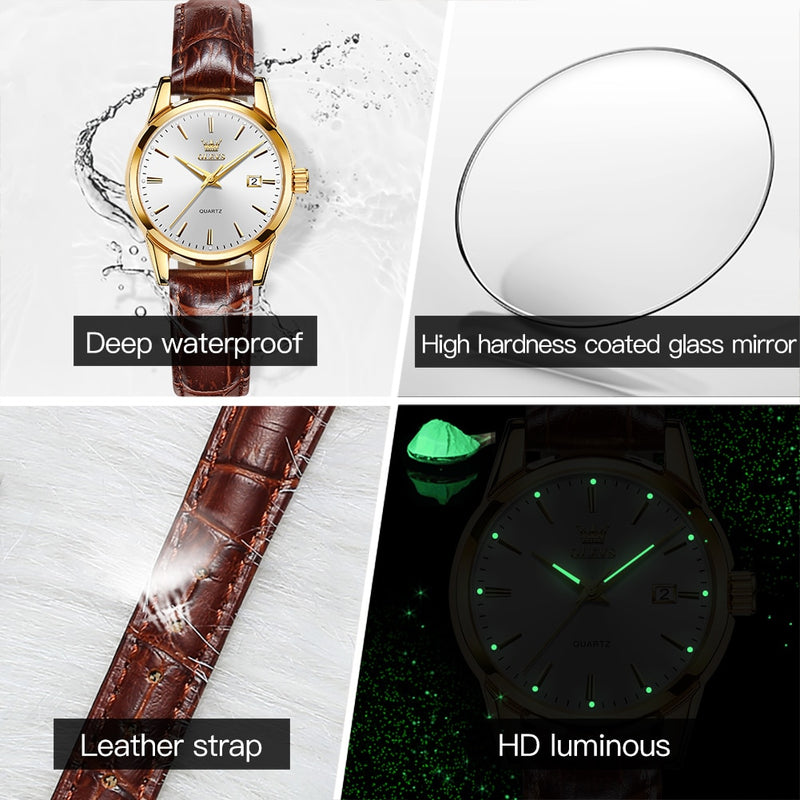 OLEVS Top Brand Quartz Ladies Watches Waterproof Leather Strap Fashion Women Watch Date Clock