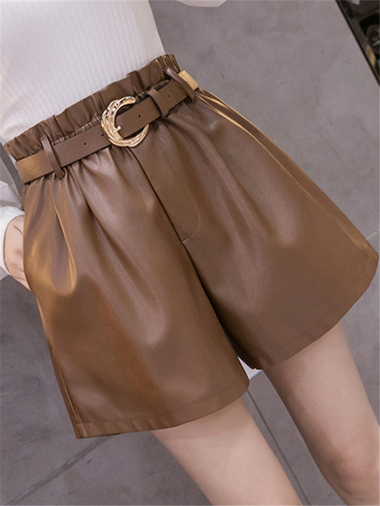 Seoulish 2022 Neue Herbst Winter Schwarz PU Kunstleder Damen Shorts Schärpen Hohe Taille Breites Bein Shorts Elegante Damenhose