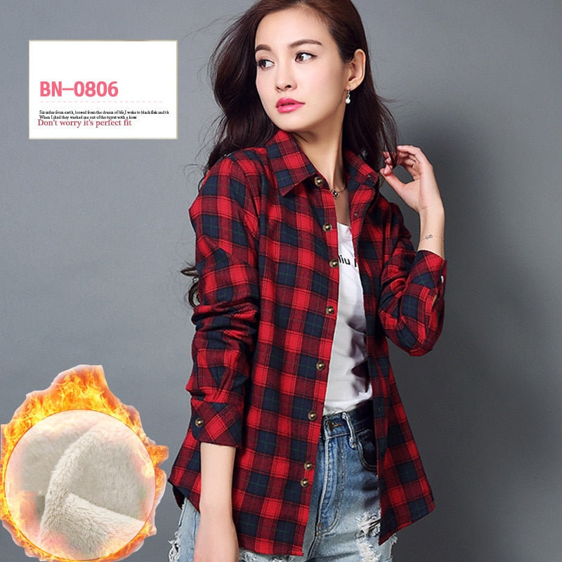 S-4XL Women Cotton Shirt Spring Autumn Winter 2022 New Casual Long-sleeve Brushed Plaid Stripe Shirts Girl's Tops Blouse Female