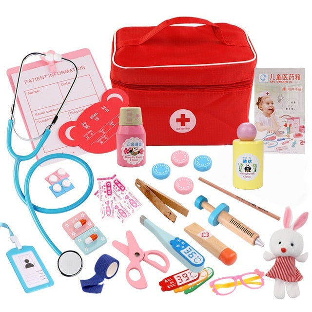 Doctor Toys for Children Set Kids Wooden Pretend Play Kit Games for Girls Boys Red Medical Dentist Medicine Box Cloth Bags