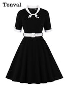 Tonval Green Contrast Bow Neck and Cuff Vintage Belted Dress Half Sleeve Herbst Damen Fit and Flare Retro Swing Kleider