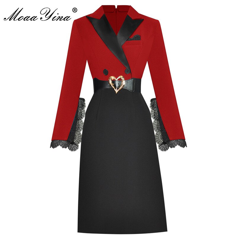 MoaaYina Fashion Runway dress Spring Women Dress Notched collar Long sleeve Lace Belte Patchwork Office Lady Slim Dresses
