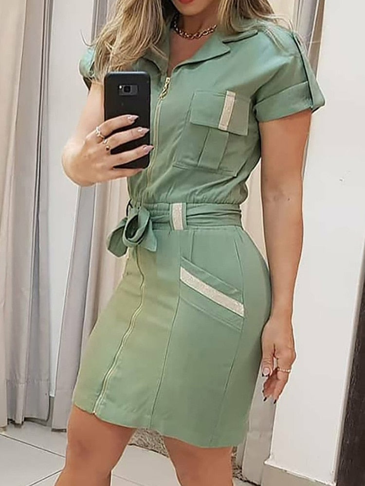 Gestreiftes Colorblock-Hemdkleid mit Reißverschluss vorne Arbeitskleidung Damen Kurzarm Lässig Tägliches Sommerkleid
