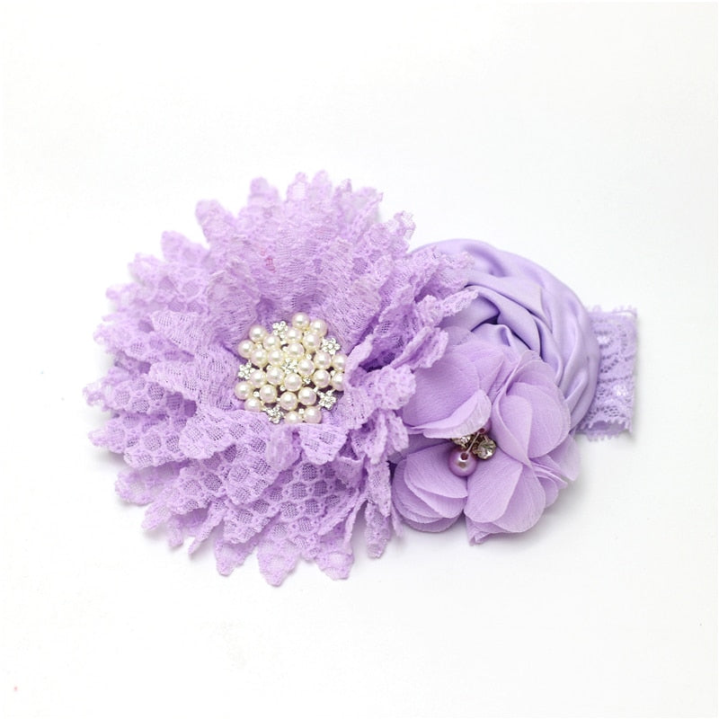 Baby girls Flower Headband Newborn Infant Pearl Flowers With Lace wide Headbands Bebes Hair accessories Phoro props Kids Turban