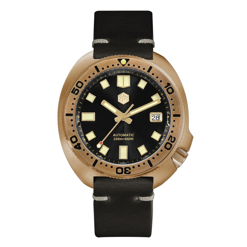 San Martin 44mm Abalone V4 Turtle Solid Bronze Vintage Diver Men Mechanical Watch 20 Bar Luminous Leather Strap Relojes часы