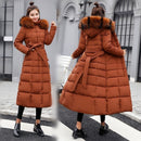 2022 neue Winterjacke Frauen warme Mode Bogen Gürtel Fuchspelzkragen Mantel langes Kleid Frauen dicker Mantel