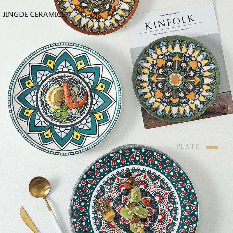 European-style ceramic tableware bohemian flat plate home plate hand-painted plates shallow dish and dessert creative pattern