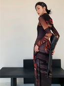 CHEERART 2 piezas malla manga larga Punk vestido mujer cuello alto largo Midi Bodycon señoras vestido pasarela moda diseñador ropa