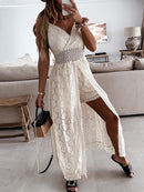 2022 Sommer Casual V-Ausschnitt Spitze Patchwork Kleid Frauen Wadenmitte Kleid Sexy Aushöhlen Ärmellose Spaghettibügel Kleider Vestidos