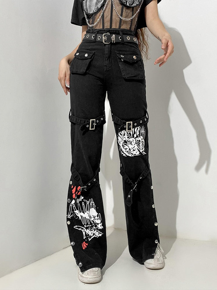 InsGoth Y2K Punk Skull Print Schwarze Schnalle Hose Harajuku Hohe Taille Große Tasche Hose Goth Mall Grunge Cargohose Techwear