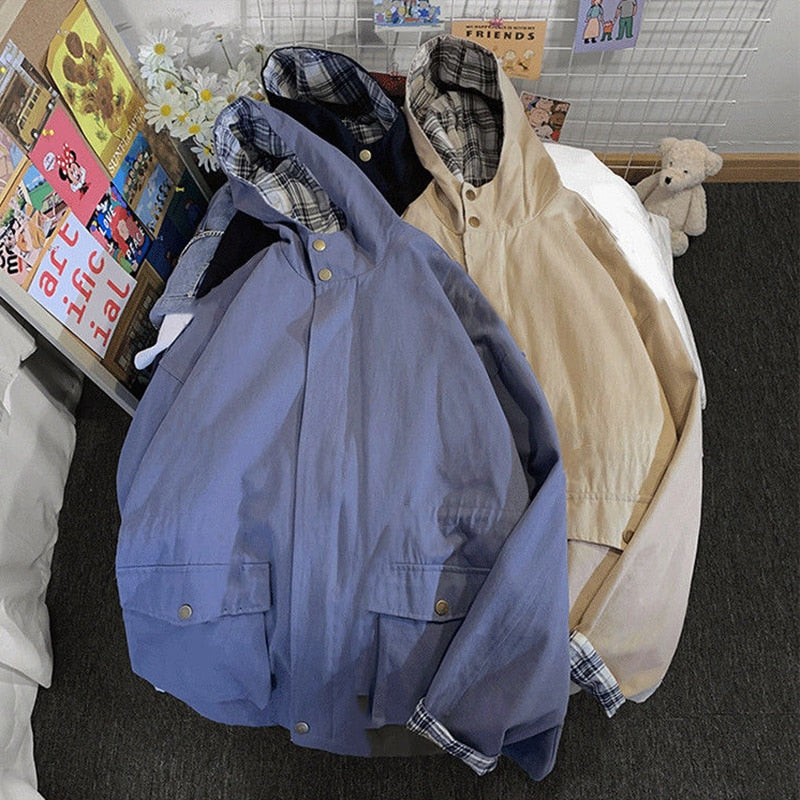 Chaquetas básicas para mujer con capucha Harajuku Patchwork abrigos a cuadros pareja BF High Street Cargo chaqueta femenina holgada que combina con todo Ins cremallera