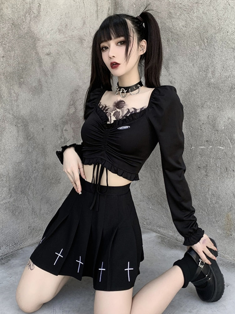 InsGoth Bandage Bodycon Long Sleeve Crop Tops Female Black V-neck Streetwear Punk Slim Tops Autumn Gothic Harajuku Top