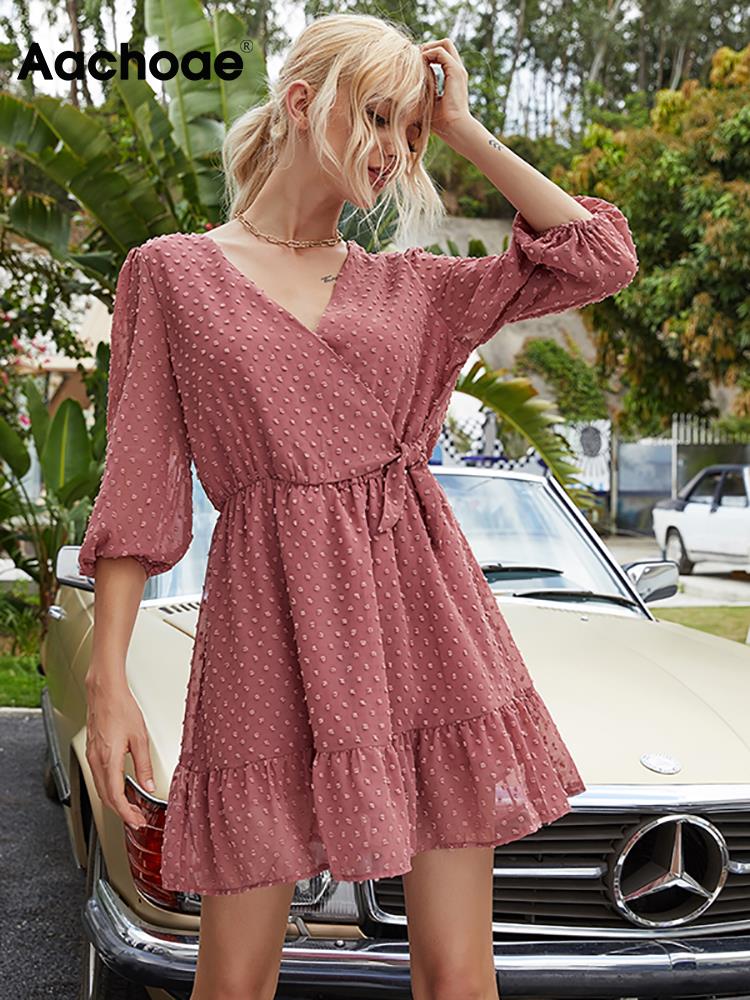 Aachoae 2021 Summer Women Ruffles Lace Chiffon Dress Boho Mini Beach Dress Three Quarter Sleeve Ladies Party Dresses Vestido