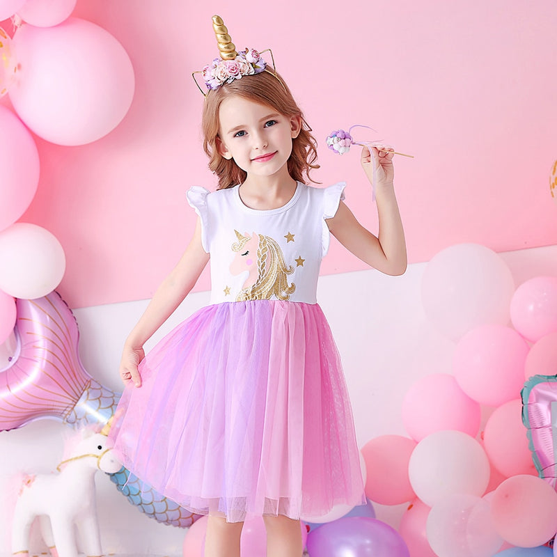 DXTON Mädchen Kleidung für Sommer Prinzessin Kleider Kinder Flare Ärmel Einhorn Druck Kleid Mädchen Party Kleider Kinder Kleidung 3-8 Jahre