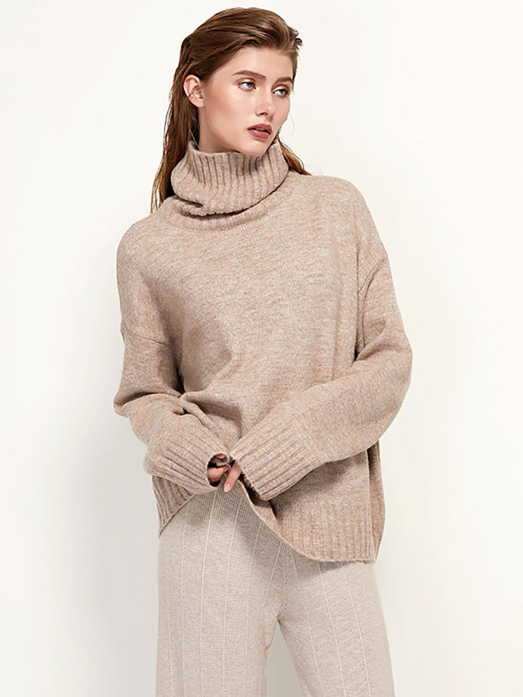 Aachoae Elegant Solid Knitted Two Piece Set Women Turtleneck Batwing Long Sleeve Loose Sweater Full Length Casual Wide Leg Pants