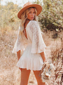 White Lace Tunic Sexy Deep V Neck Button Bikini Cover-ups Women Clothes 2023 Summer Sexy Ruffles Long Sleeves Mini Dress A1132