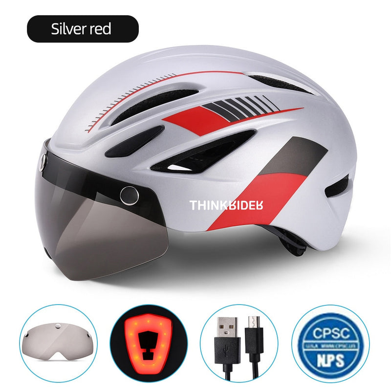 ThinkRider Cycling Helmet with Visor Magnetic Goggles and Tail lights  58-61cm for Men Women MTB Road Bicycle  Bike Helmet