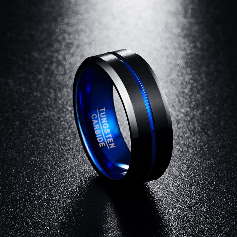 NUNCAD Men's 8mm Tungsten Carbide Groove Ring Blue & Black Matte Finish Beveled Edge Wedding Band