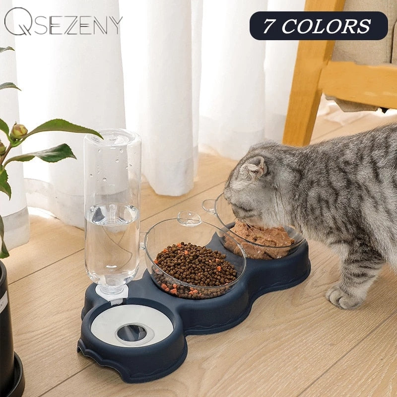 Pet Cat Bowl Automatic Feeder 3-in-1 Dog Cat Food Bowl With Water Fountain Double Bowl Drinking Raised Stand Dish Bowls For Cats