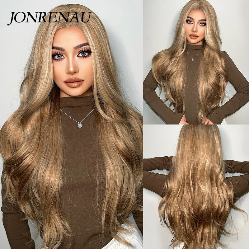 JONRENAU Long Natural Wave Middle Part Hair Gradient Dark Brown Synthetic Wigs  for Women Daily Cosplay Use Heat Resistant Wig