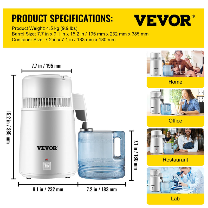 Destilador de agua pura VEVOR de acero inoxidable 4L máquina de agua destilada Dental filtro purificador de destilación eléctrica de laboratorios médicos