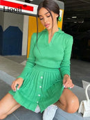 Zweiteiler Pullover Outfits Set Frauen Strickoberteile und Faltenminiröcke Langarm V-Ausschnitt Button Up Streetwear Sexy Rock-Sets