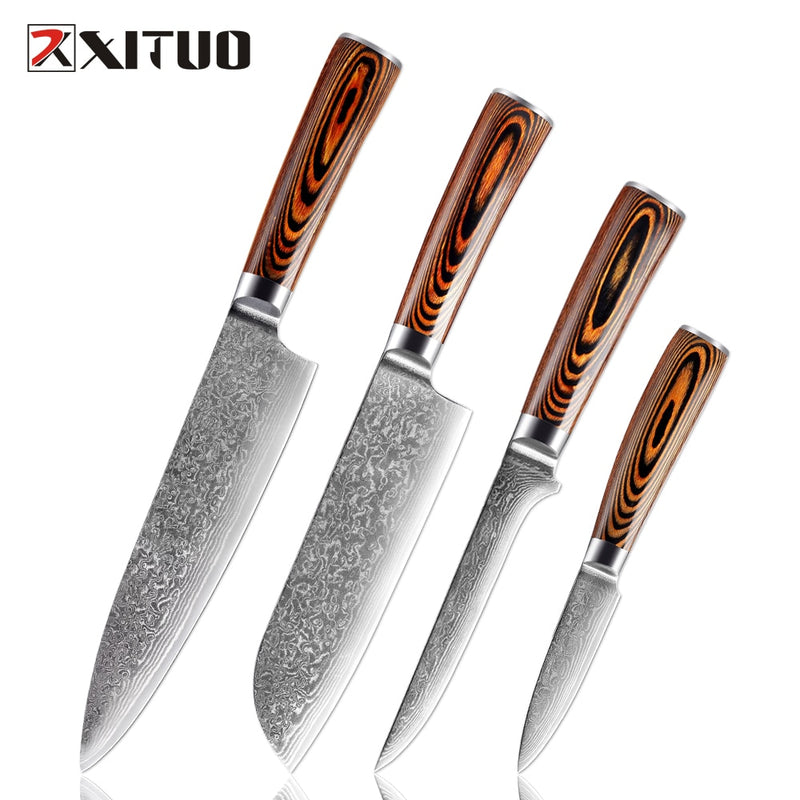 XITUO 1-4pcs kitchen knives set Japanese Damascus steel kitchen knife VG10 chef boning Paring Santoku utility knives wood handle