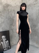 InsGoth Retro Cheongsam Schwarzes Kleid Gothic High Waist Bandage Patchwork Midikleid Frauen Elegantes, figurbetontes, kurzärmliges Partykleid